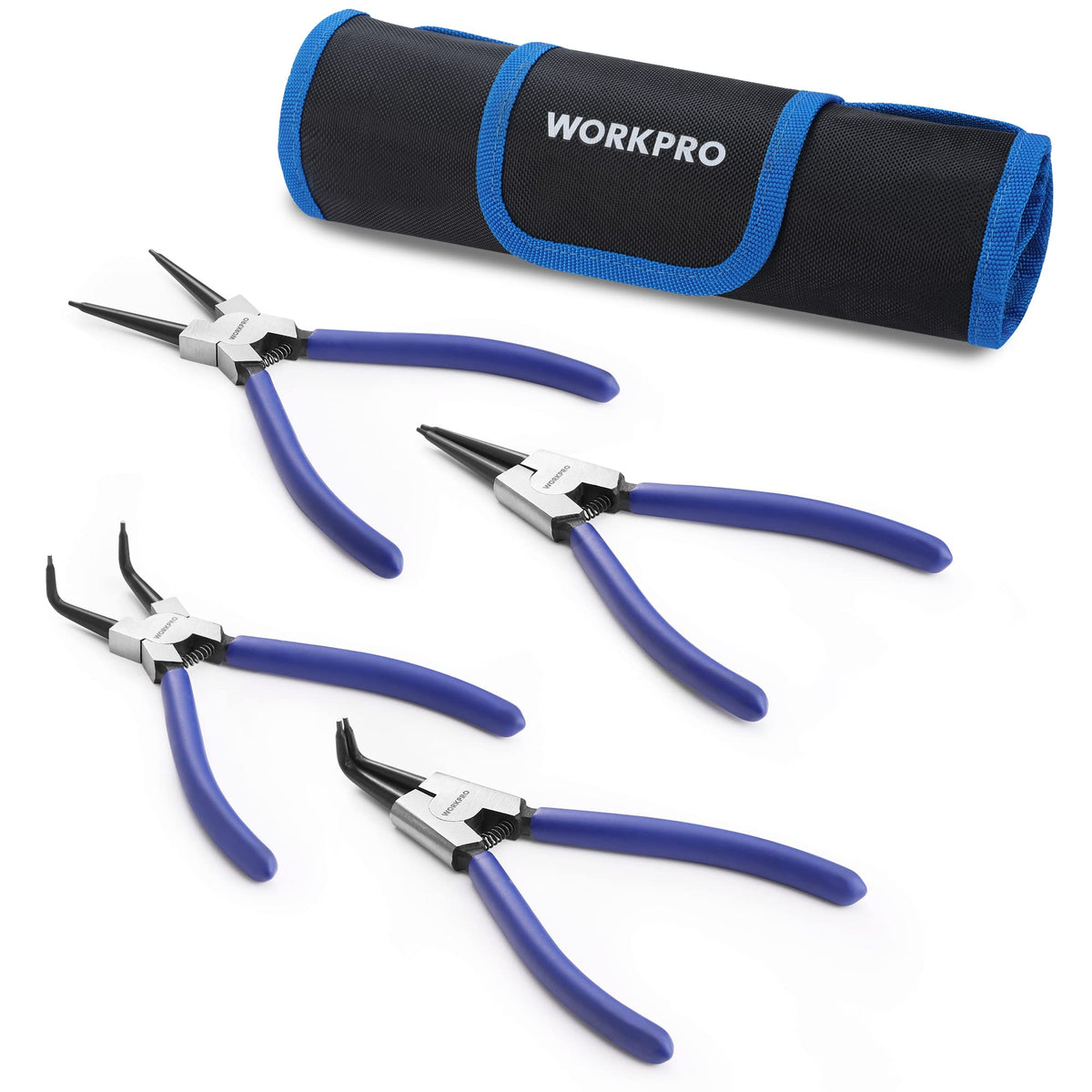 WORKPRO 4-Piece Snap Ring Pliers Set with 7-inch jaws for versatile ring removal.