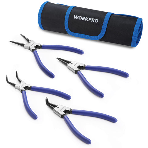 WORKPRO 4-Piece Snap Ring Pliers Set with 7-inch jaws for versatile ring removal.