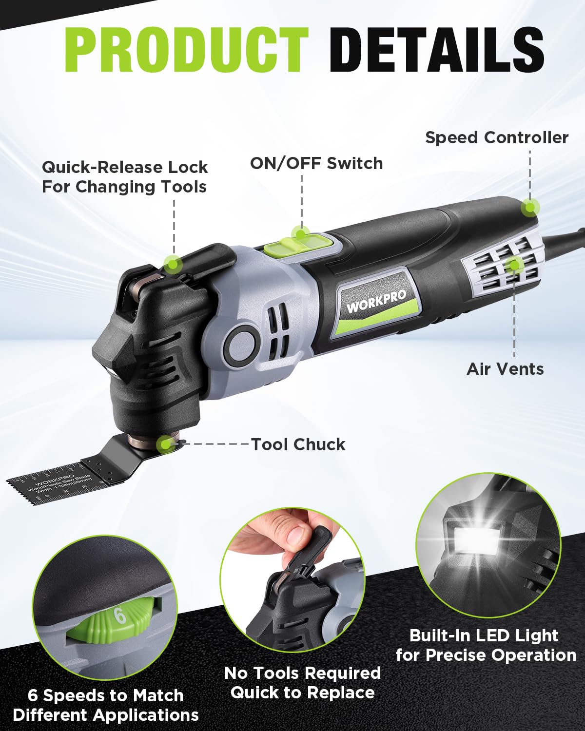WORKPRO tool with LED light in action, brightening space for accurate results.