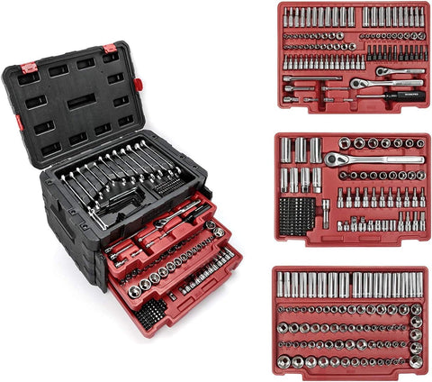WORKPRO 450-piece drive socket set case showing organized tools