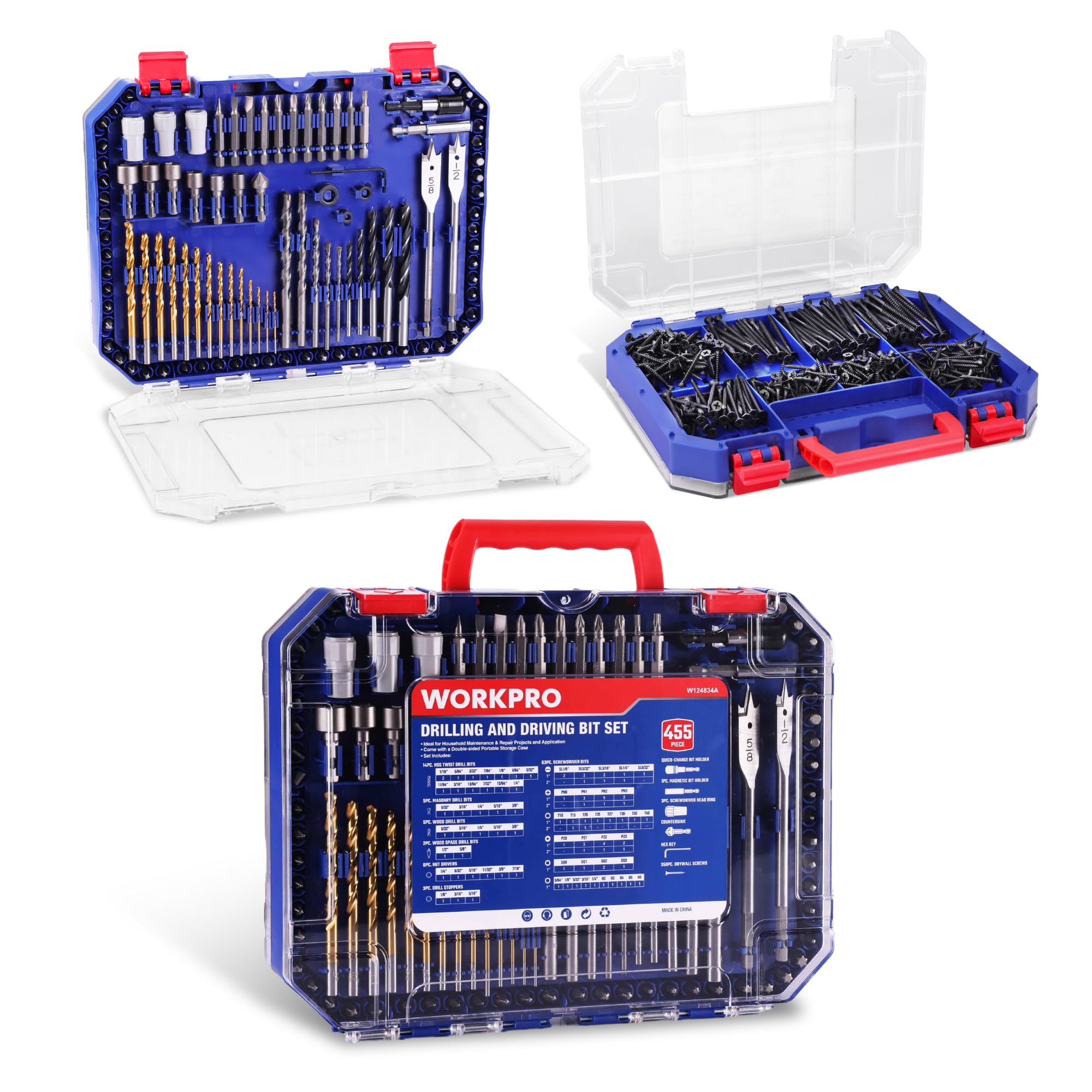WorkPRO 455-piece drill and screwdriver set case, organized for quick access.