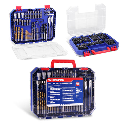 WorkPRO 455-piece drill and screwdriver set case, organized for quick access.