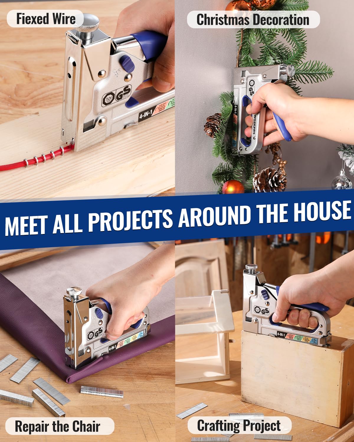 WORKPRO 4-in-1 staple gun blue-coated nail puller included for easy removal.