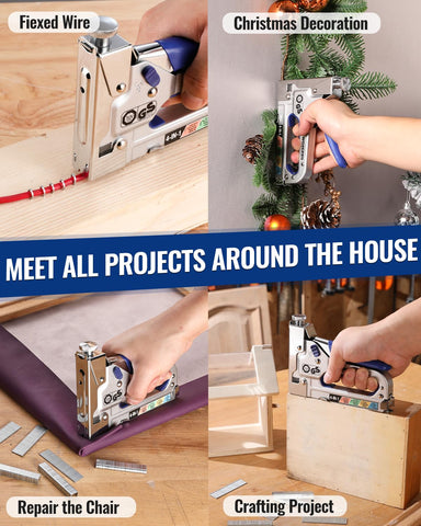 WORKPRO 4-in-1 staple gun blue-coated nail puller included for easy removal.