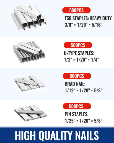 WORKPRO 4-in-1 staple gun dual power settings for hard and soft materials.