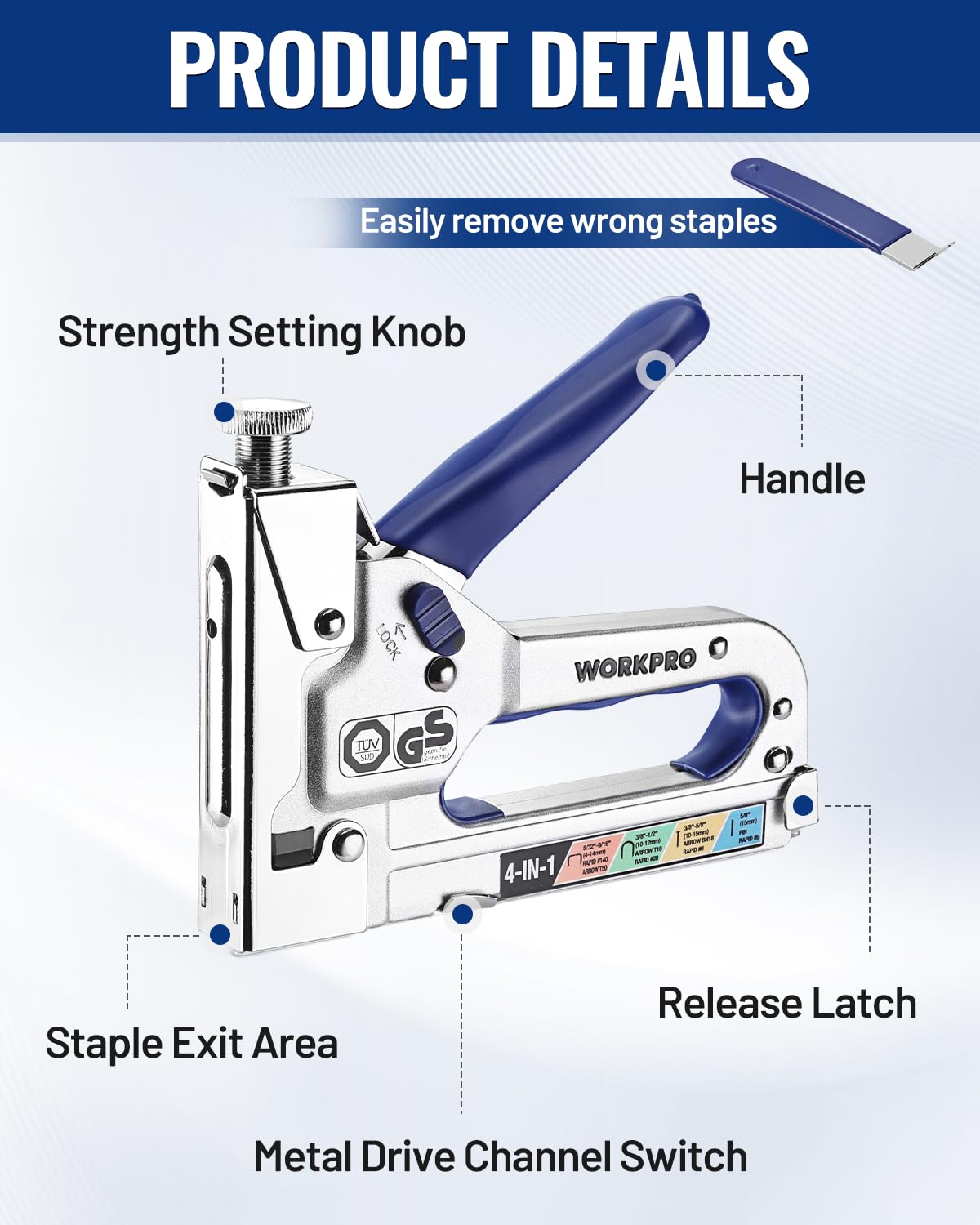 WORKPRO 4-in-1 staple gun ergonomic handle supports comfortable use.