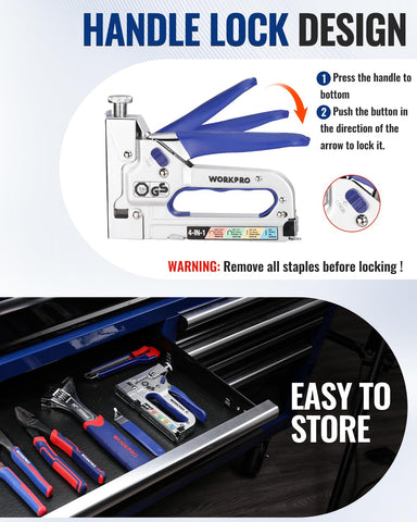 WORKPRO 4-in-1 staple gun retractable lock for compact storage.