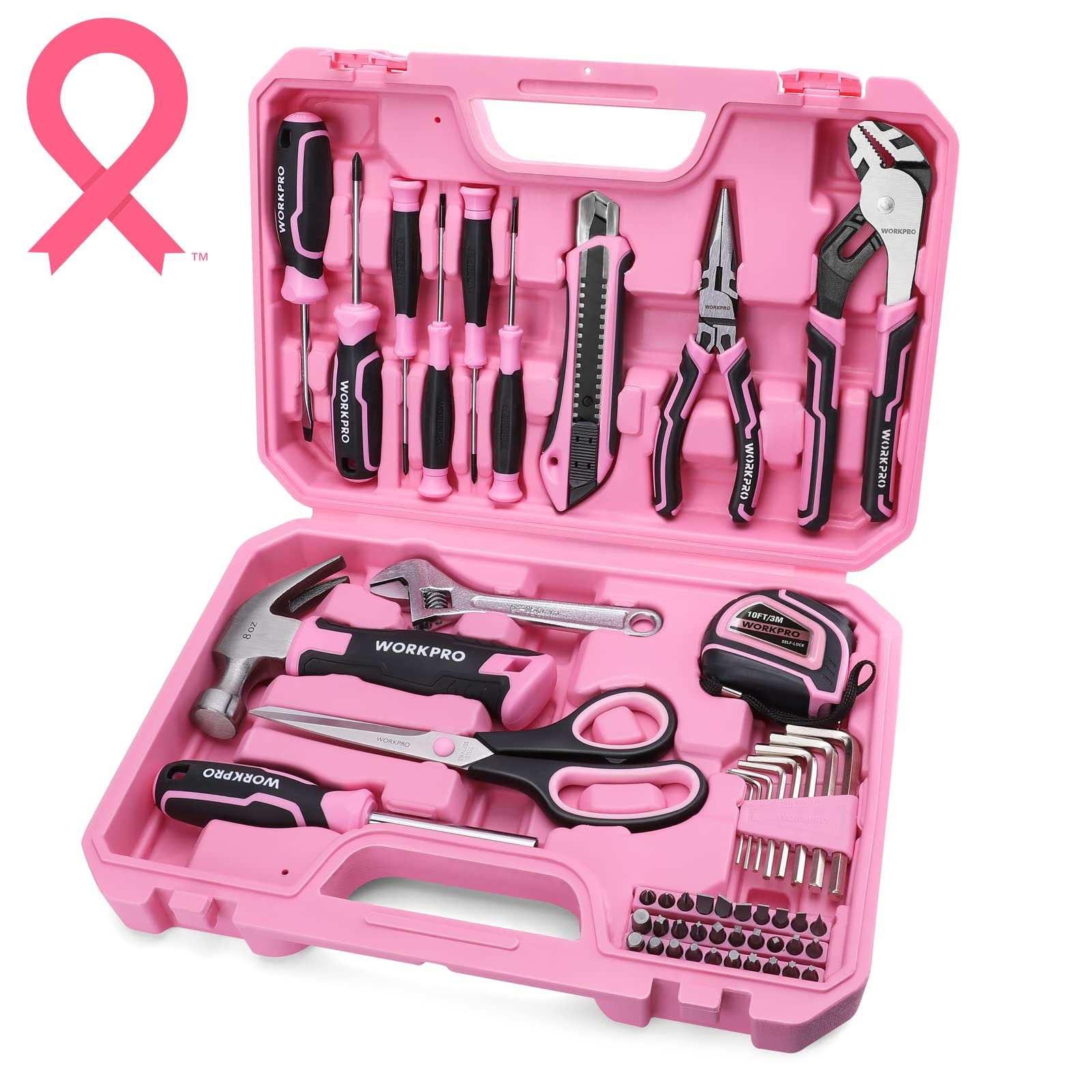 WORKPRO pink tools set in a storage box for home repairs and organization.