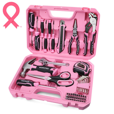 WORKPRO pink tools set in a storage box for home repairs and organization.