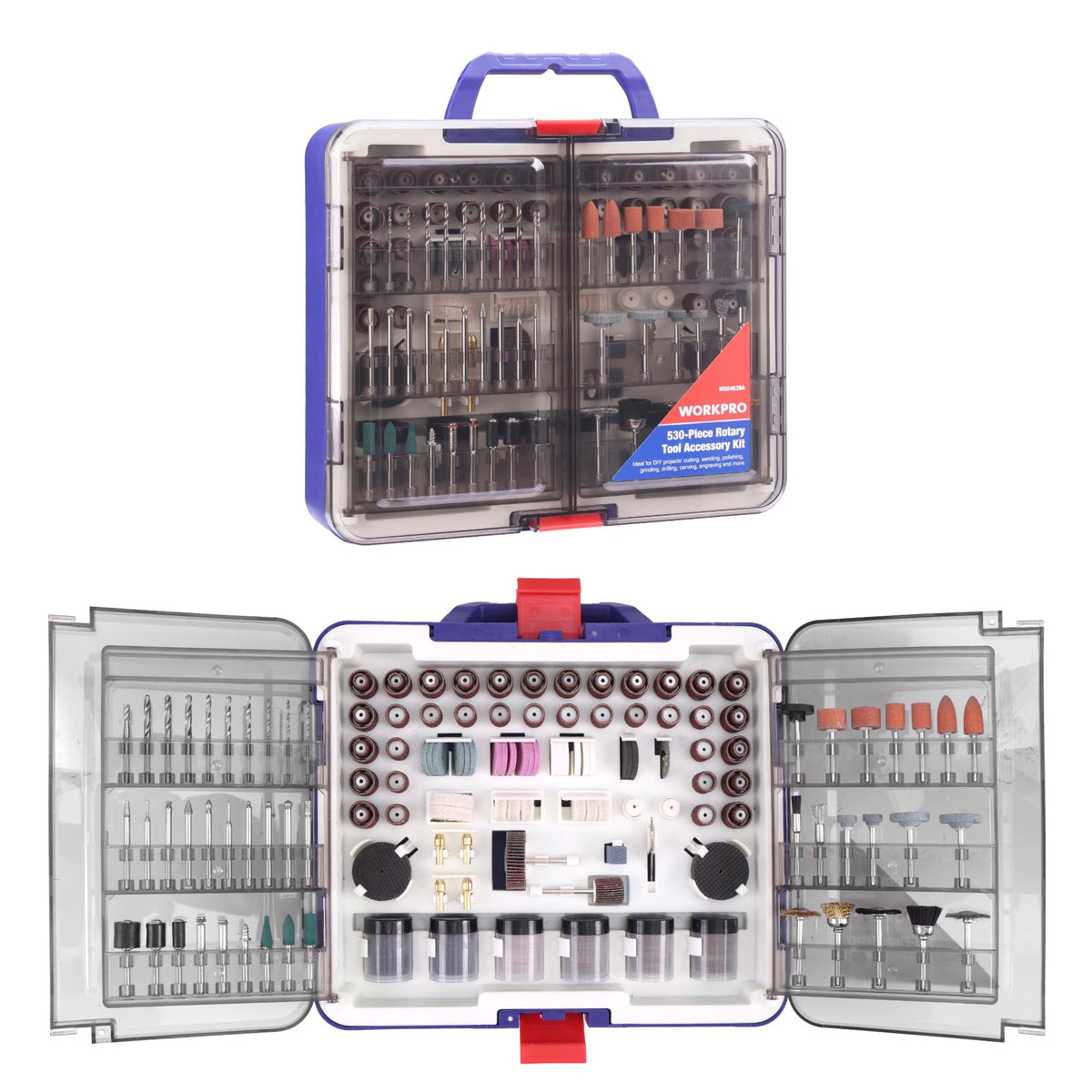 WORKPRO 530-piece rotary tool kit box keeps all accessories organized for quick setup.