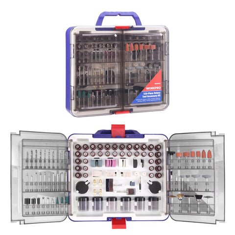 WORKPRO 530-piece rotary tool kit box keeps all accessories organized for quick setup.