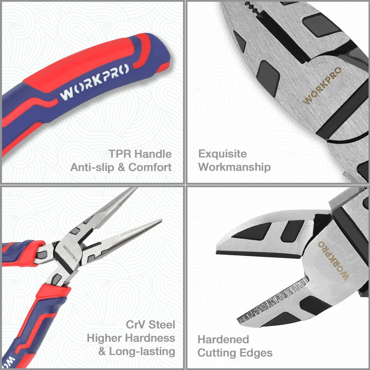 WorkPRO 6-inch long-nose pliers close-up shows precision tips.
