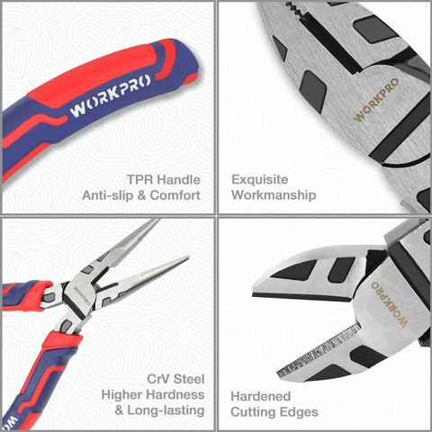 WorkPRO 6-inch long-nose pliers close-up shows precision tips.