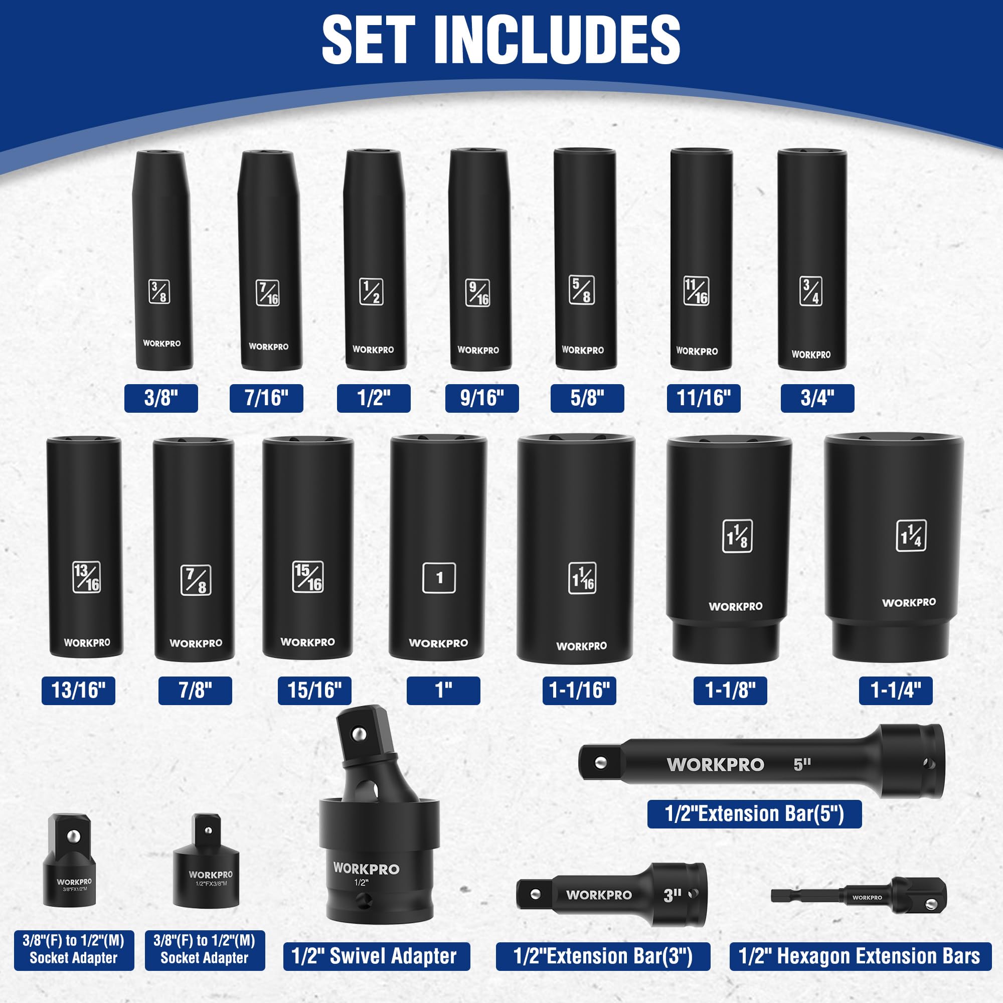 WorkPro 6-point deep sockets provide secure grip and even torque.