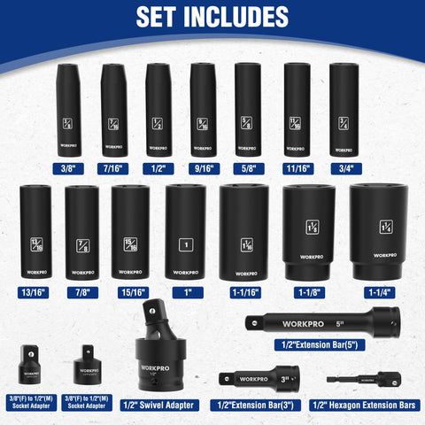 WorkPro 6-point deep sockets provide secure grip and even torque.
