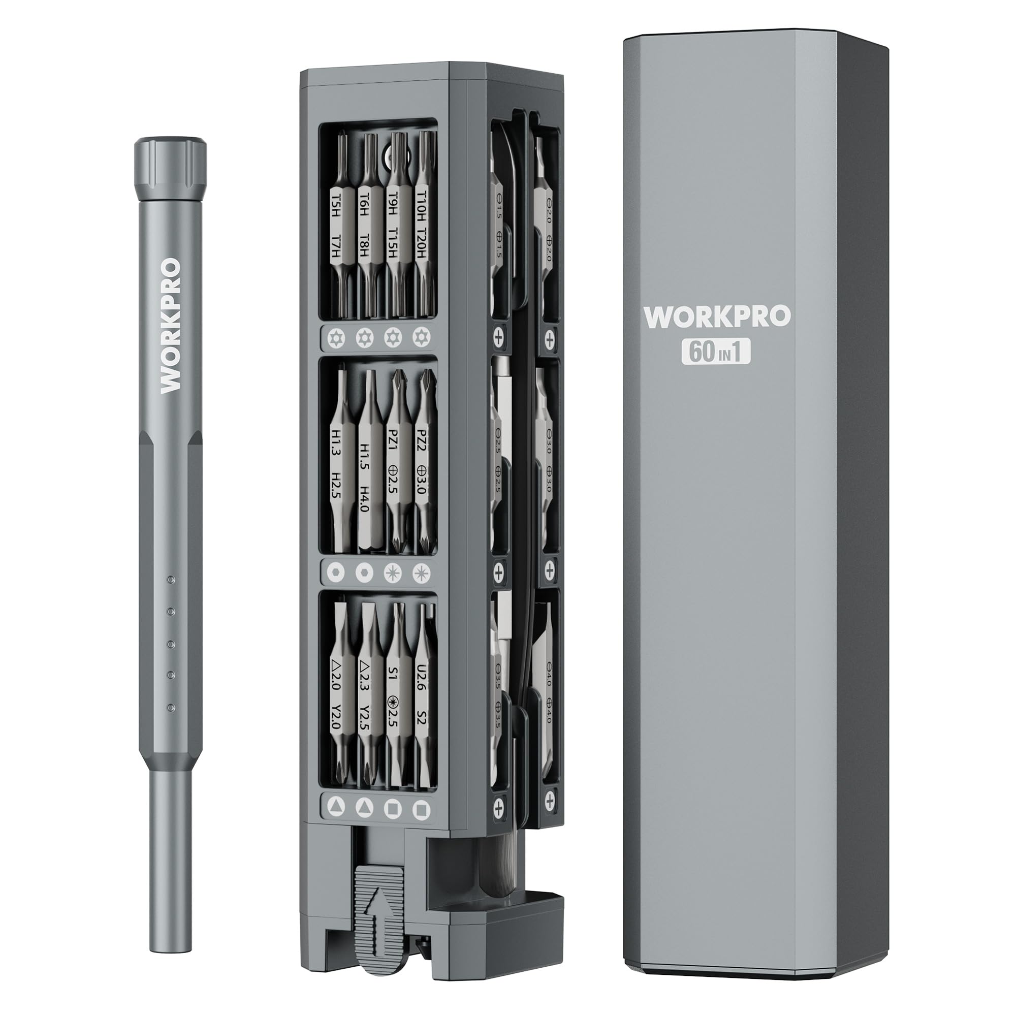 WORKPRO 60-in-1 precision screwdriver set with pop-up magnetic case for quick access to bits