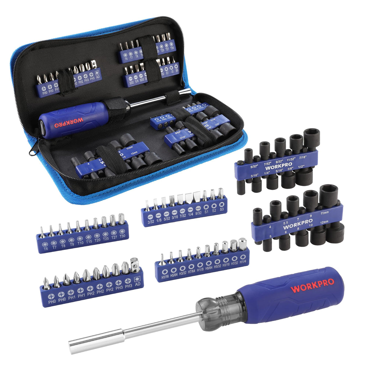 WORKPRO 61pc magnetic screwdriver set in organizer bag for quick home repairs.