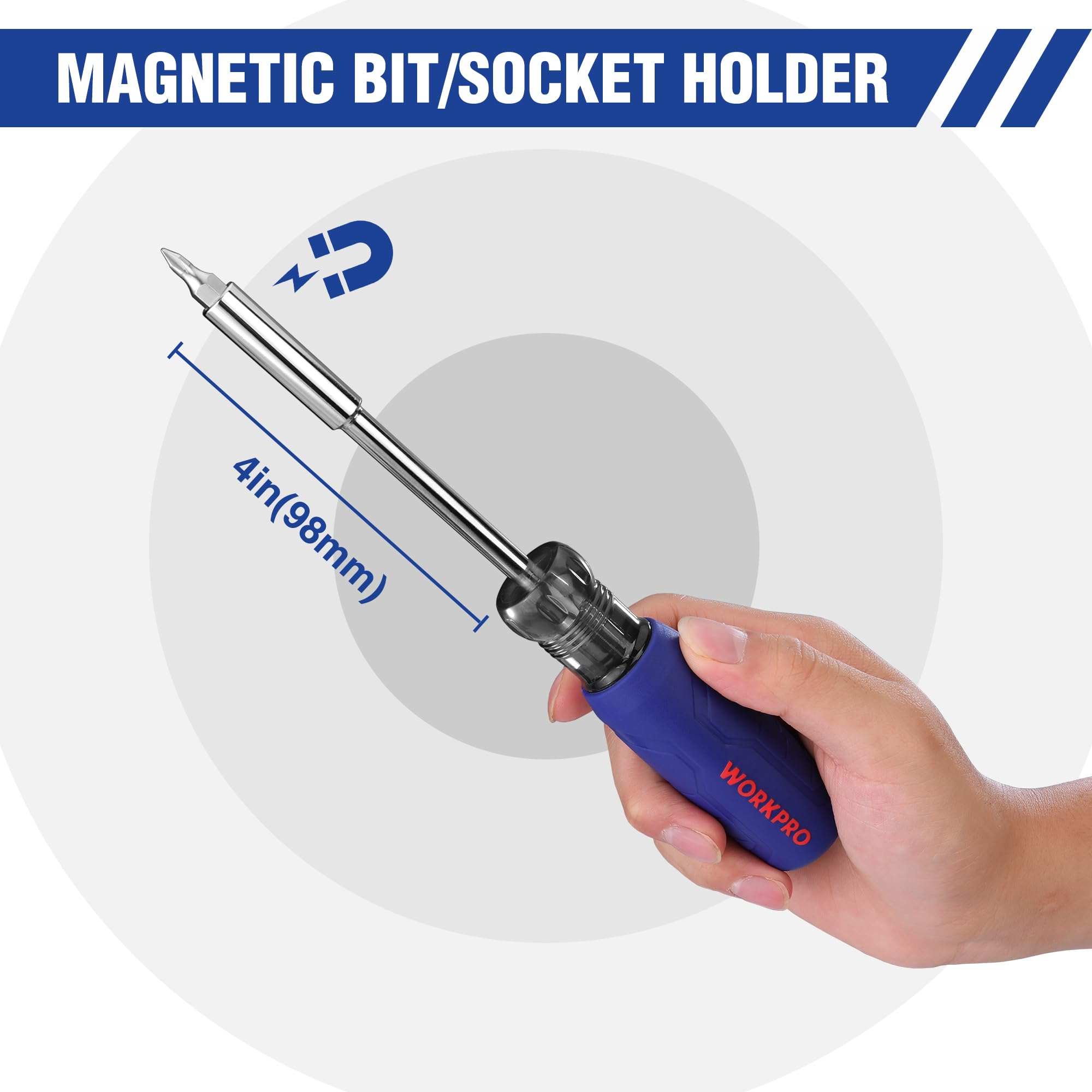 WORKPRO 61pc magnetic tips attracting screws during assembly.