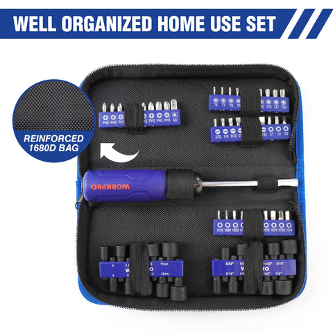 WORKPRO 61pc reinforced 1680D bag for organized tool storage.
