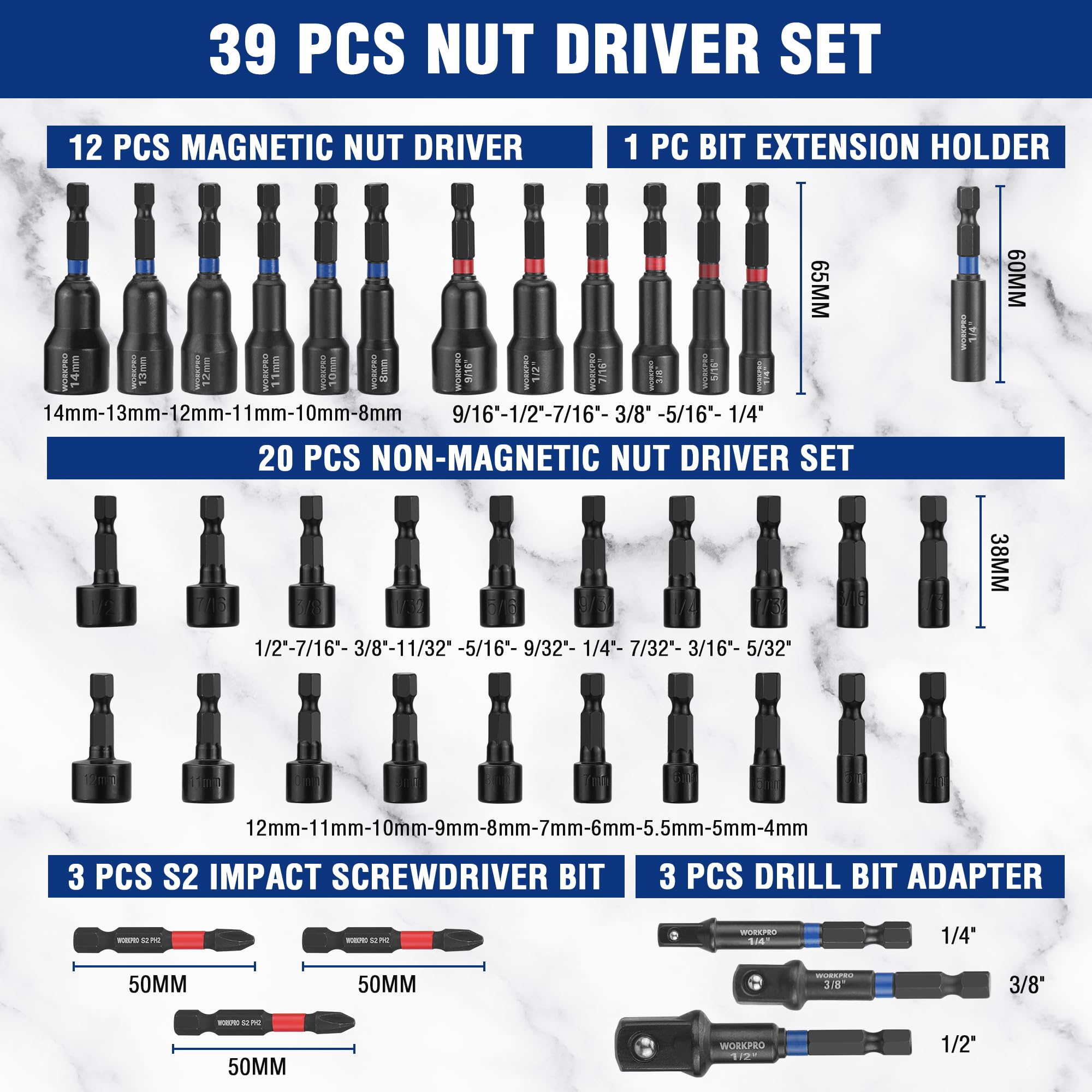 WORKPRO 65mm metric magnetic nut drivers with color coding for quick size identification