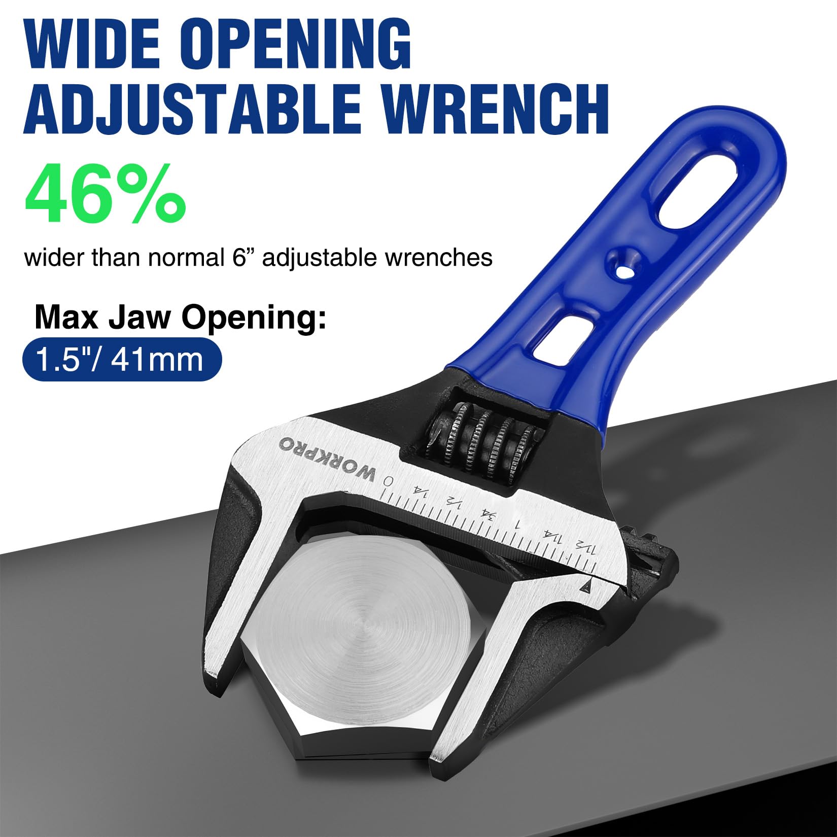 WORKPRO stubby wrench with 1.5 inch jaw enables quick adjustments on bulky fittings