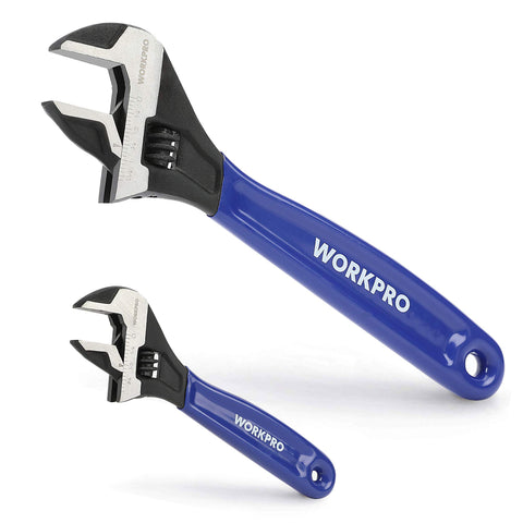 WORKPRO 6-inch adjustable wrench front view with precise jaws for plumbing tasks.