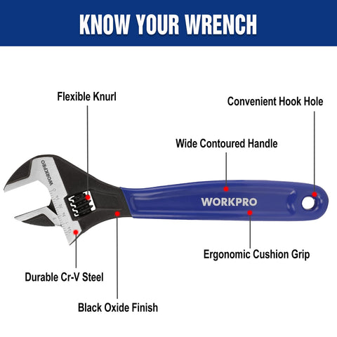 WORKPRO 6-inch adjustable wrench with jaws open, ideal for quick fittings.