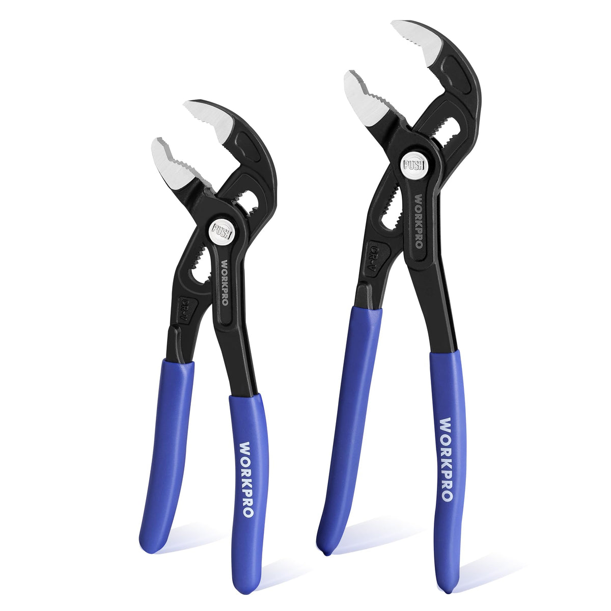 WORKPRO 7-10 inch groove joint pliers set showing wide opening for diverse fittings