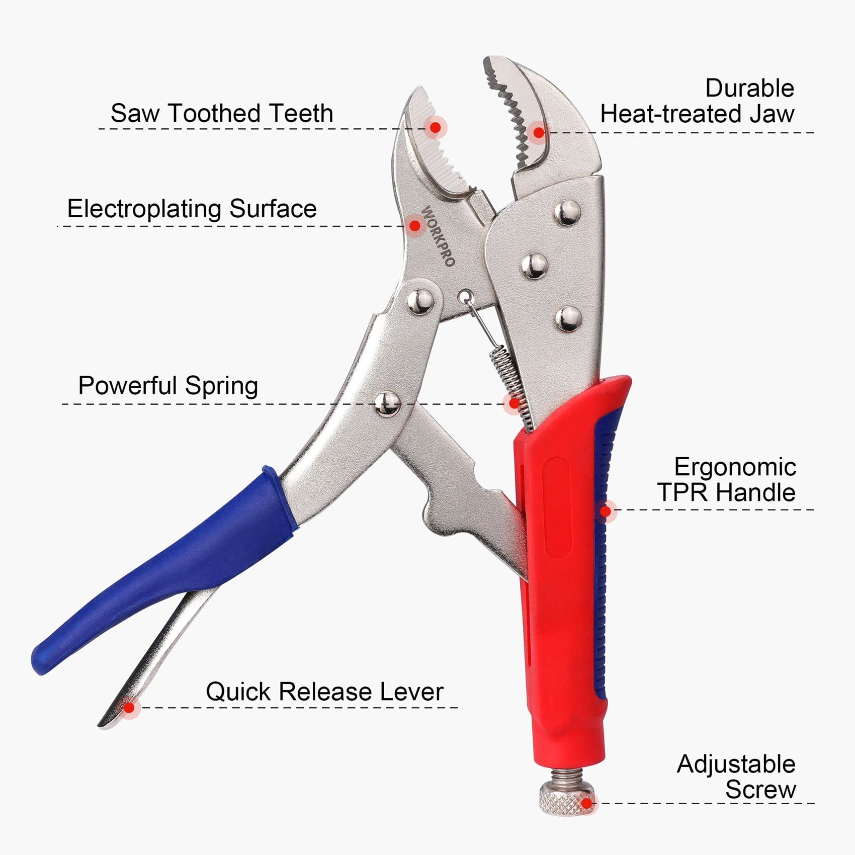 WORKPRO 7-inch curved jaw locking plier demonstrated for secure gripping in confined spaces.
