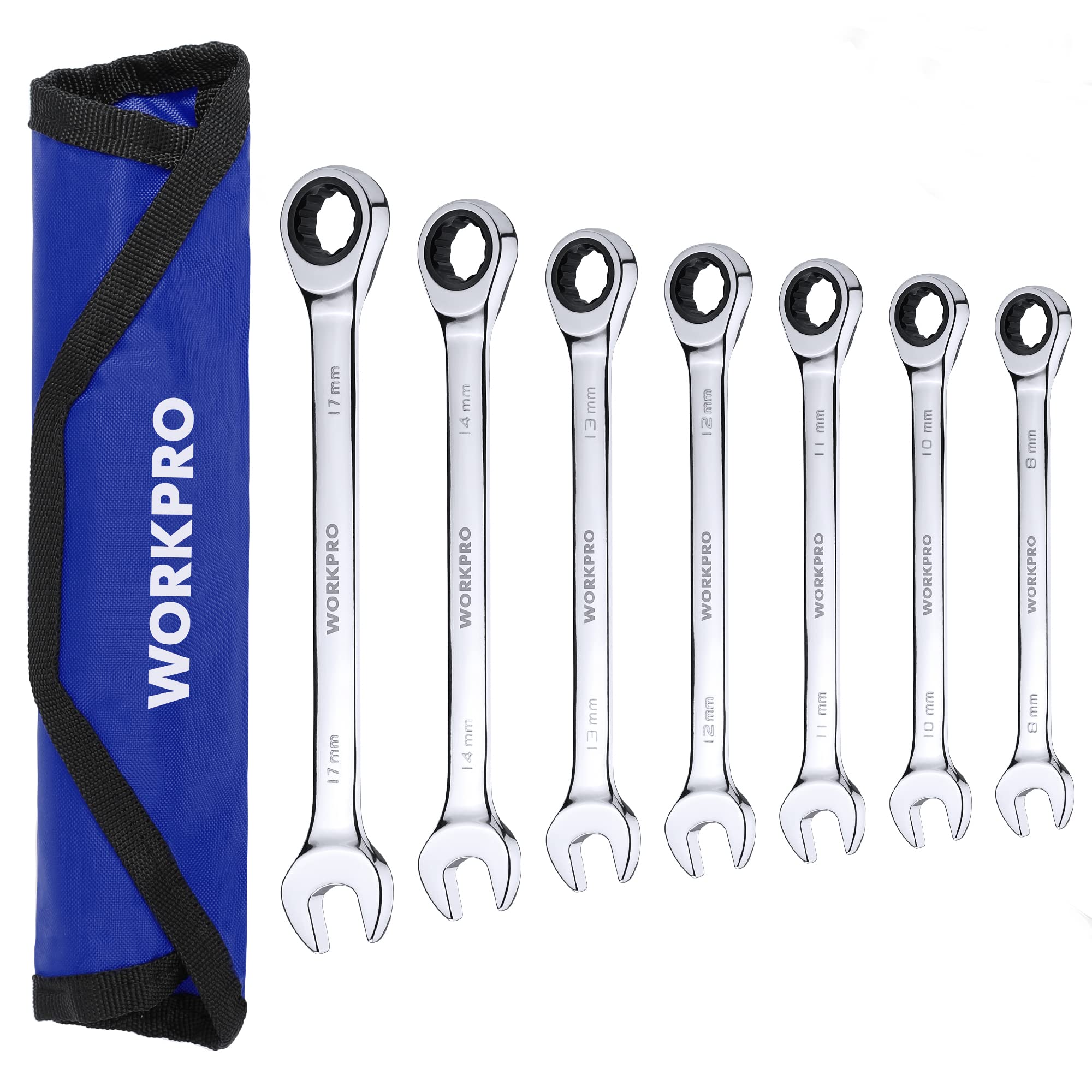 WORKPRO 7-piece ratcheting wrench set, versatile bolt tightening in compact spaces.
