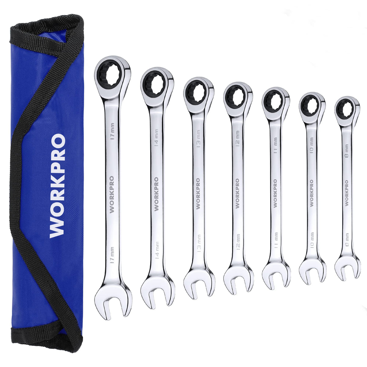 WORKPRO 7-piece ratcheting wrench set, versatile bolt tightening in compact spaces.