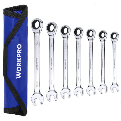WORKPRO 7-piece ratcheting wrench set, versatile bolt tightening in compact spaces.