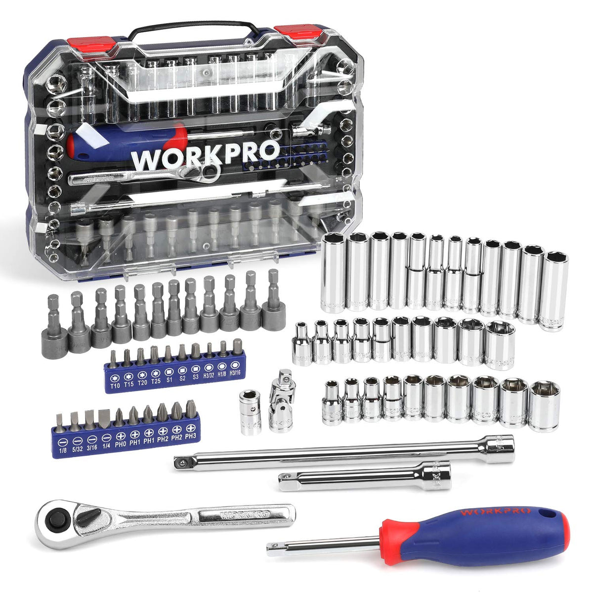 WORKPRO 70-piece socket set front view with organized case and durable chrome vanadium steel.