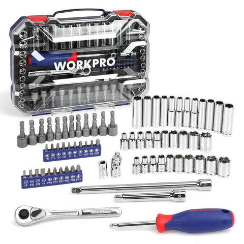 WORKPRO 70-piece socket set front view with organized case and durable chrome vanadium steel.