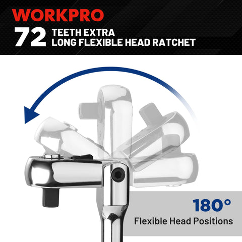WORKPRO 72-tooth mechanism with 5-degree swing arc eases work in confined spots.