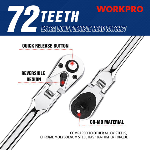 WorkPRO 72-tooth mechanism delivers precise turns in very tight spaces.