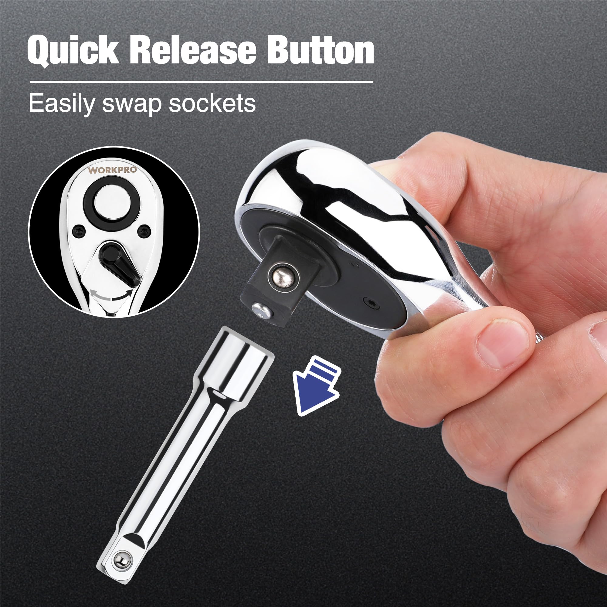 WORKPRO 72-tooth mechanism enables smooth engagement.