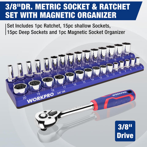 WORKPRO 72-tooth quick-release ratchet shown for easy socket changes.
