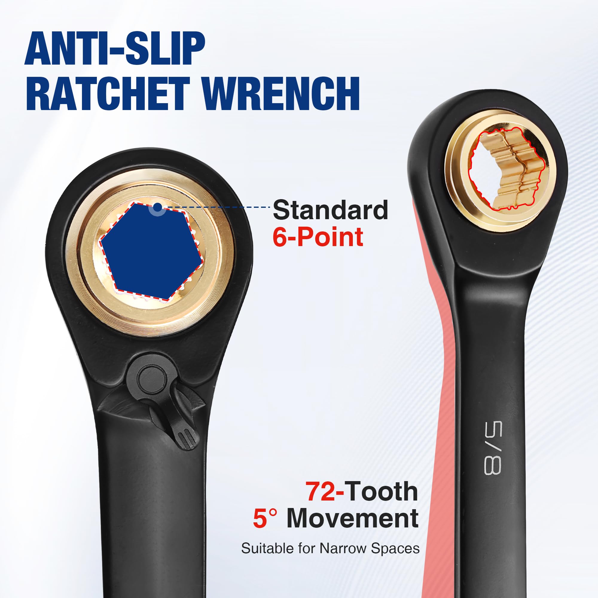 WORKPRO 72-tooth ratchet close-up showing smooth operation in tight spaces