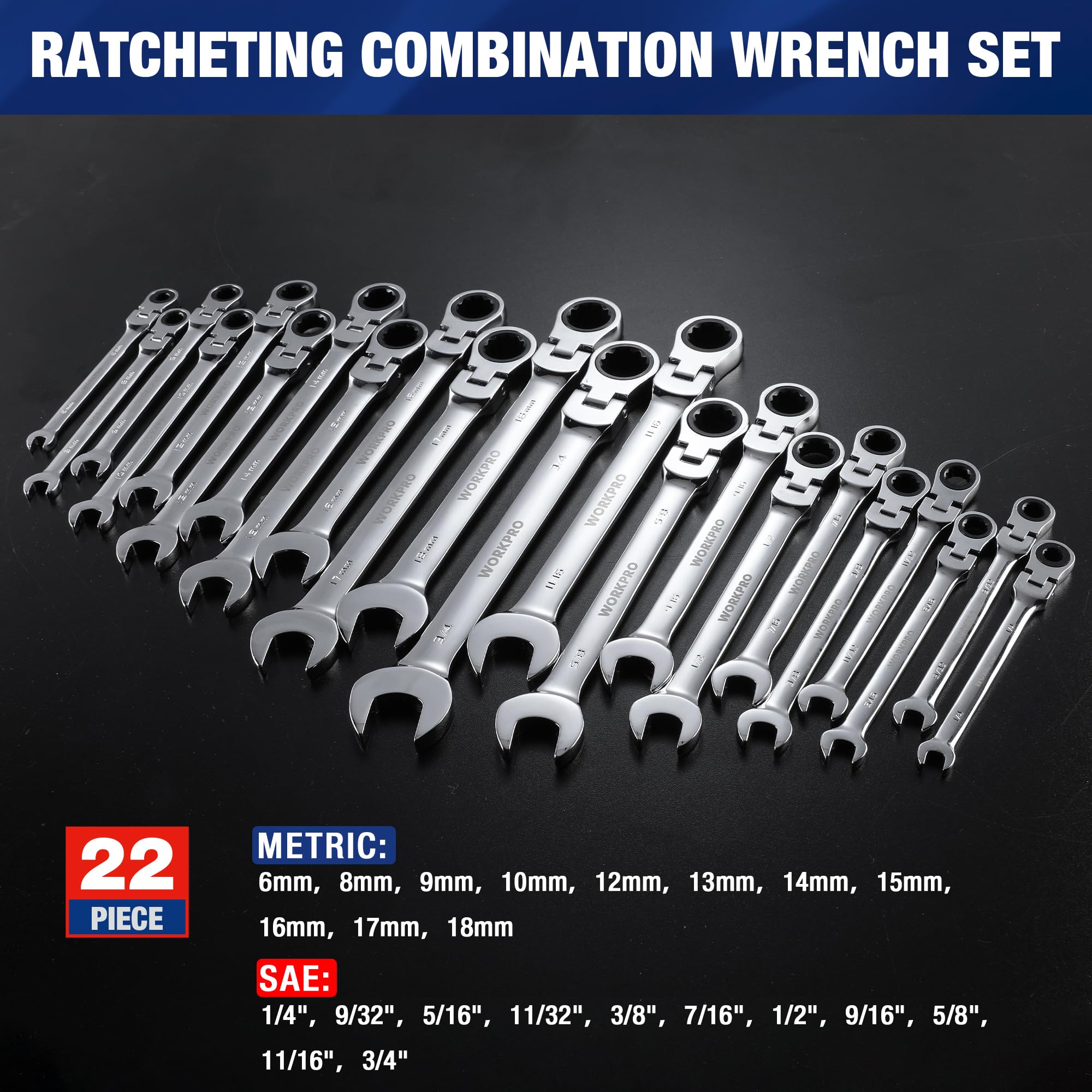 WORKPRO 72-tooth ratchet enables smooth engagement in tight spaces.