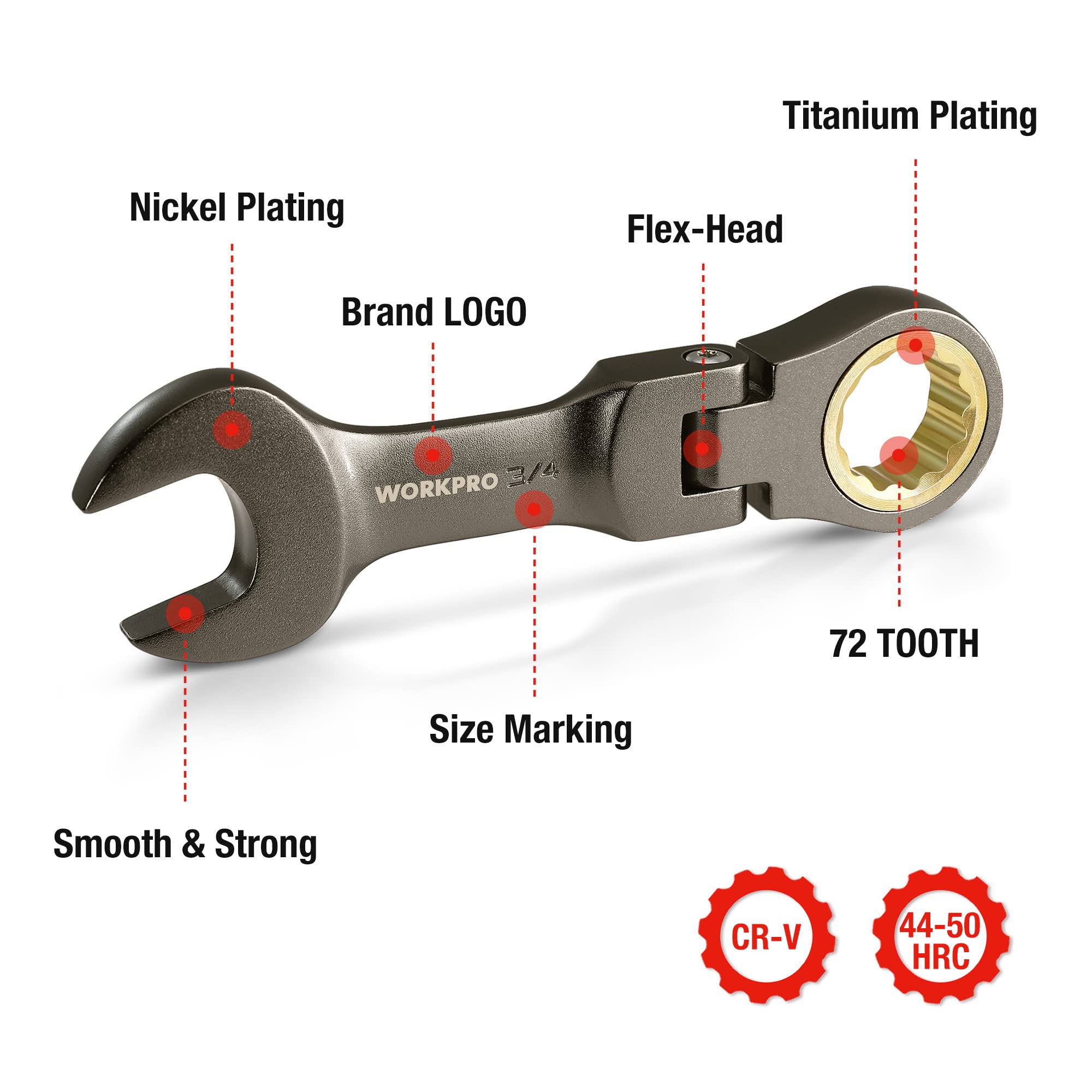 WorkPRO 72-tooth ratchet provides smooth operation.