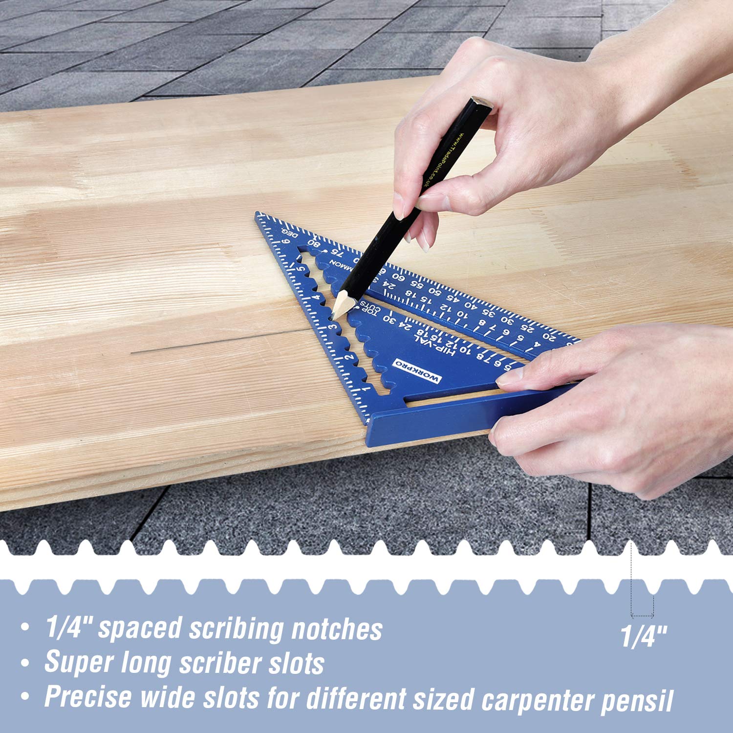 WORKPRO 7in rafter square features a lip fence for edge bracing.