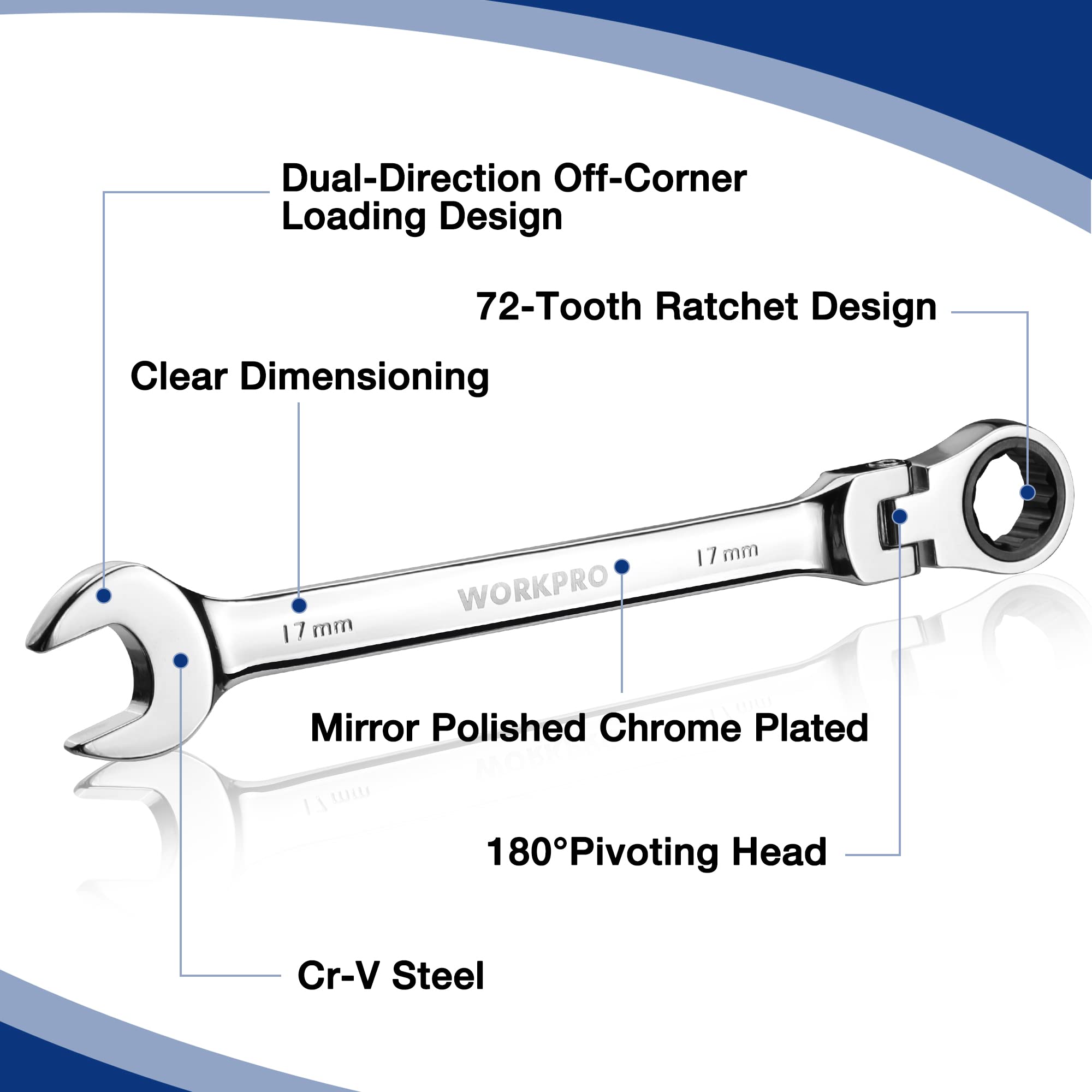 WORKPRO 8-17 mm metric sizes clearly marked for fast sizing.
