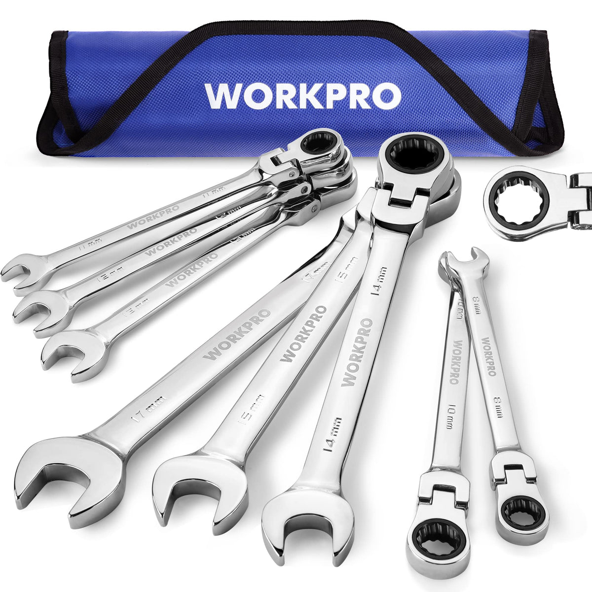 WORKPRO 8-piece flex-head wrenches with roll-up pouch for quick access.
