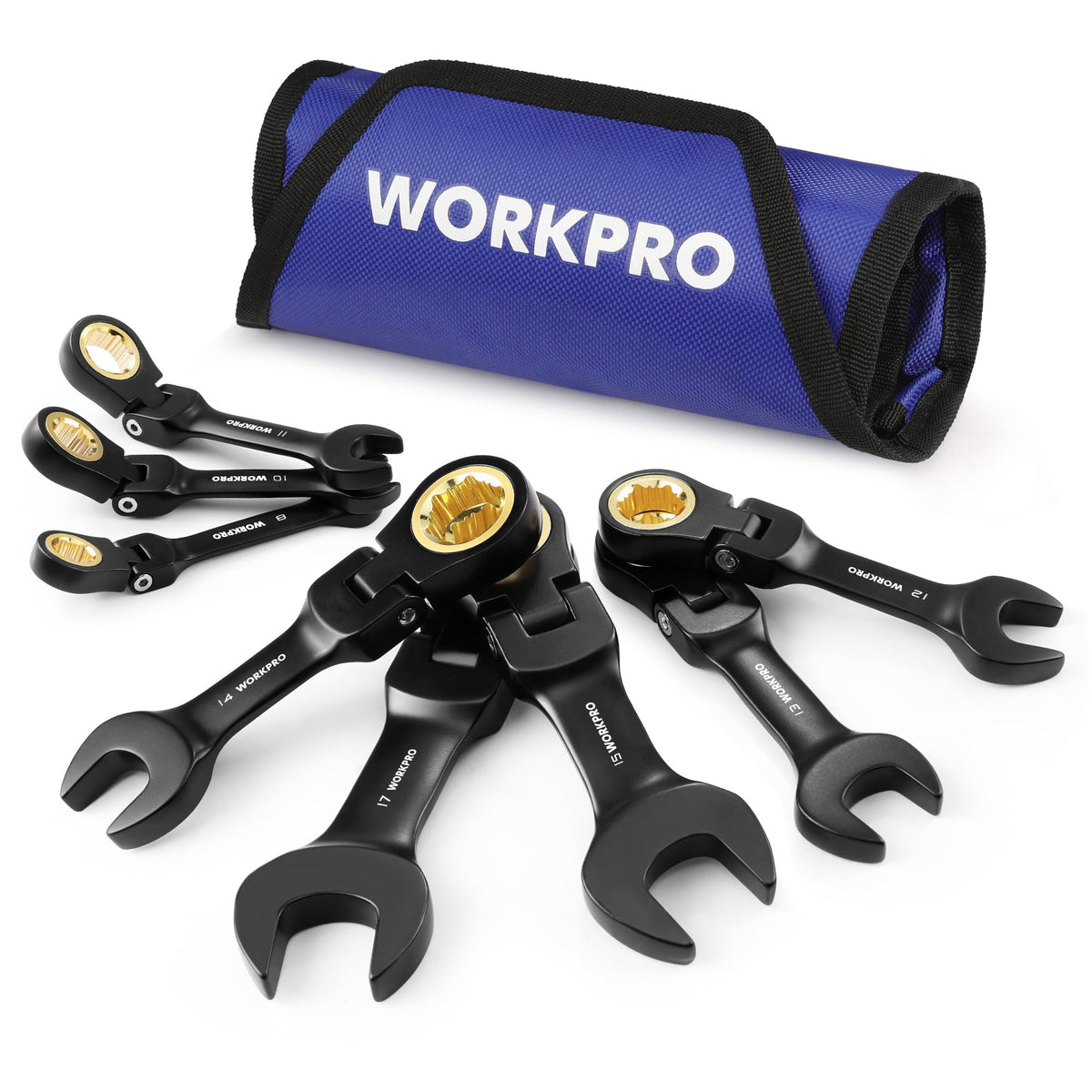 WORKPRO 8-piece ratcheting wrench set shown with rolling pouch for organized storage.