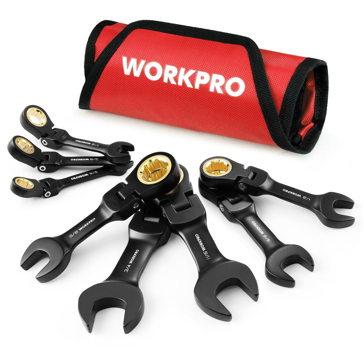 WORKPRO 8-piece stubby ratcheting wrench set in compact layout for tight spaces.