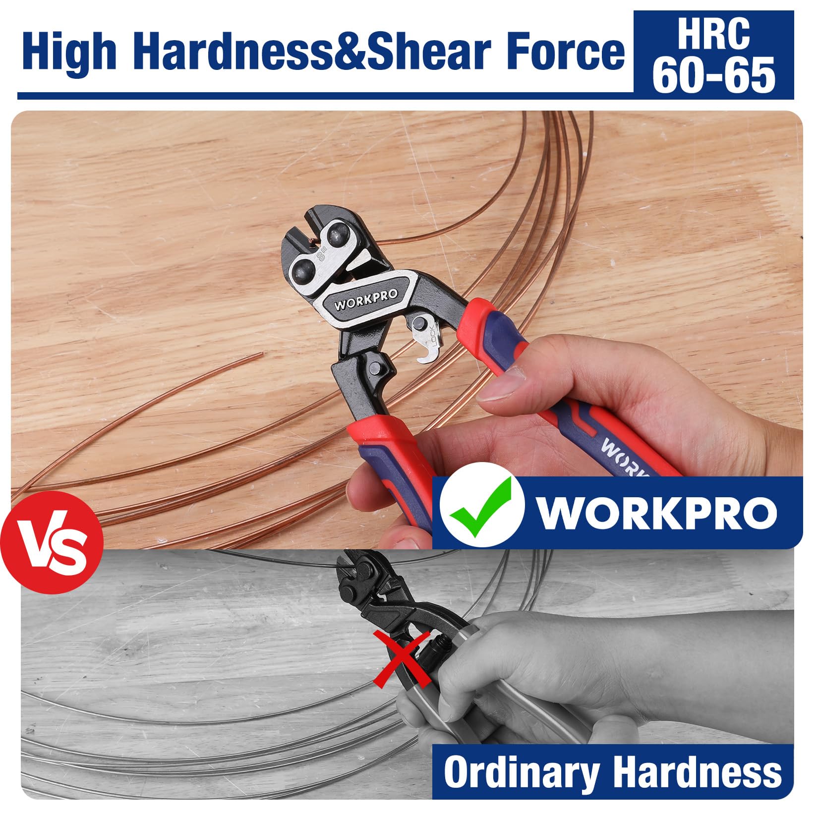 WORKPRO 8-inch bolt cutter shows cutting capacities for steel, iron, copper wires, and wire rope