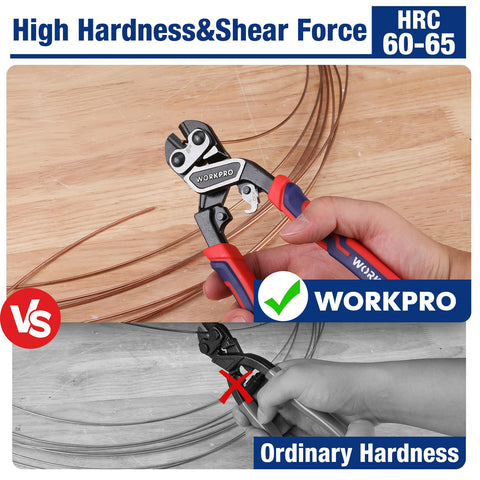 WORKPRO 8-inch bolt cutter shows cutting capacities for steel, iron, copper wires, and wire rope