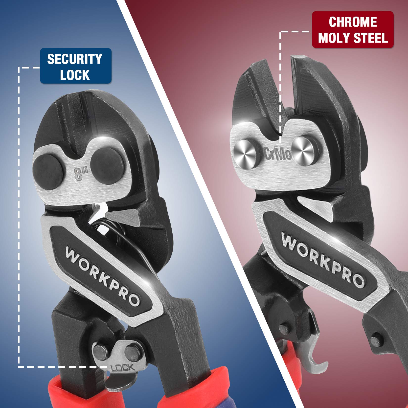 WORKPRO 8-inch bolt cutter ergonomic grips offer better control during precise cuts
