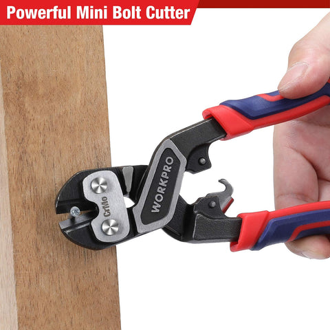 WORKPRO 8-inch bolt cutter in use on small hardware pieces